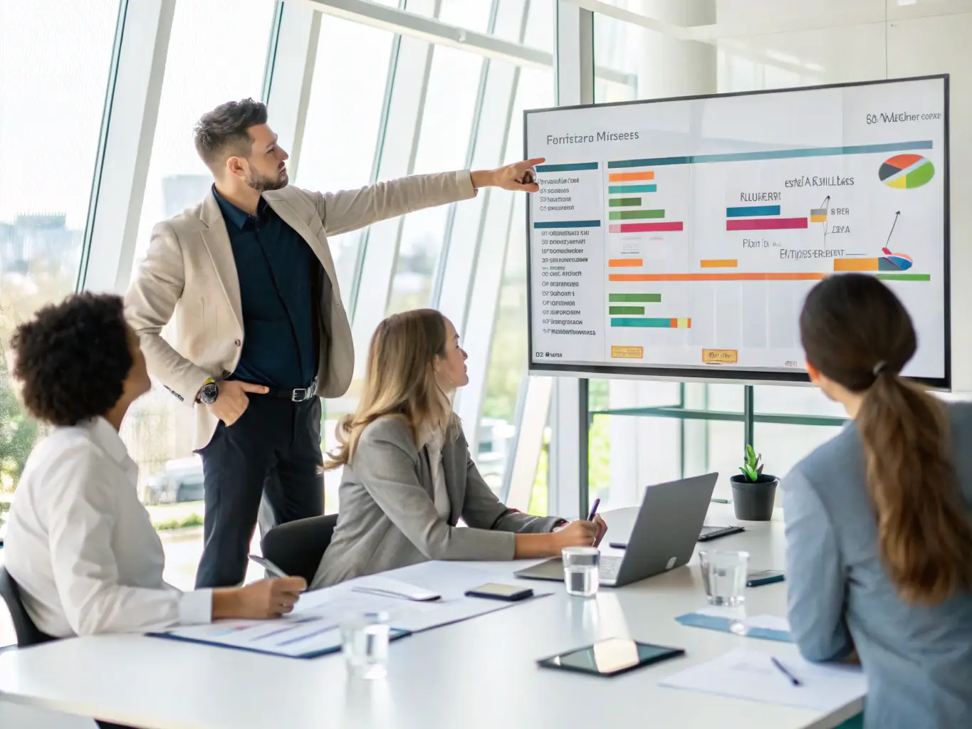 An image of a trainer demonstrating project management software to a group of professionals, highlighting productivity tools training.