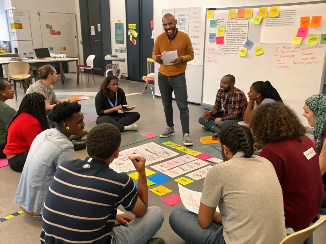 A group of Indian professionals engaged in a soft skills workshop, focusing on communication and teamwork exercises.