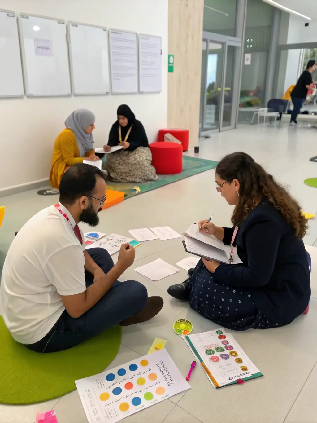 A diverse group of Indian professionals actively participating in a communication skills workshop, engaging in role-playing exercises with enthusiasm and focus.