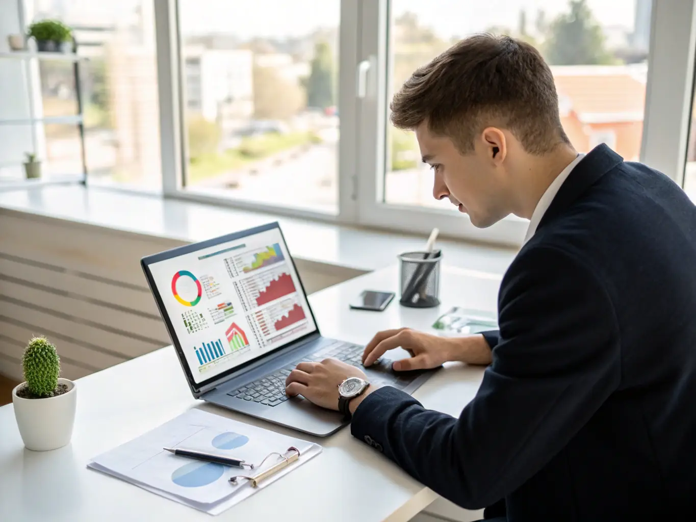 A person is using a productivity tool on a computer, with charts and data visible on the screen, illustrating how to streamline work processes.